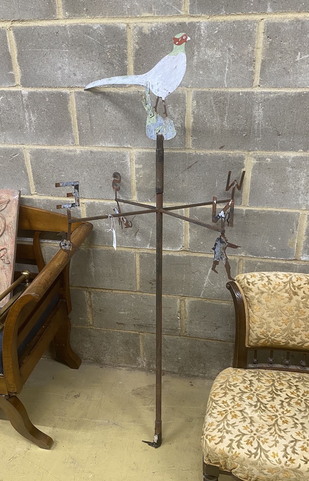 A vintage painted wrought and cut metal weather vane, height 156cm